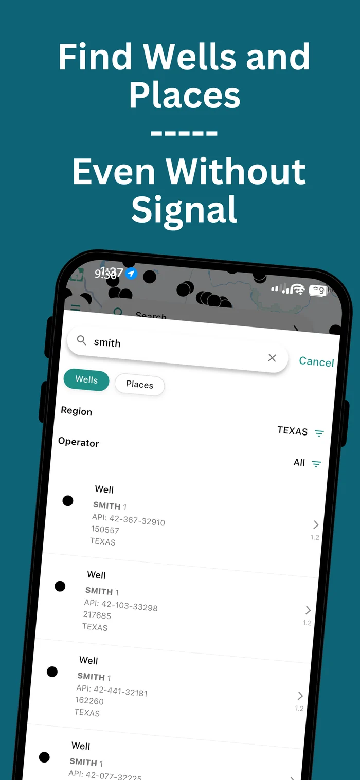 Well search interface showing search results for wells in Texas