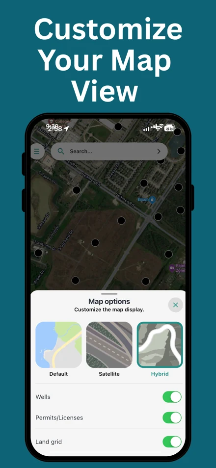 Map options screen showing satellite, hybrid views and layer toggles